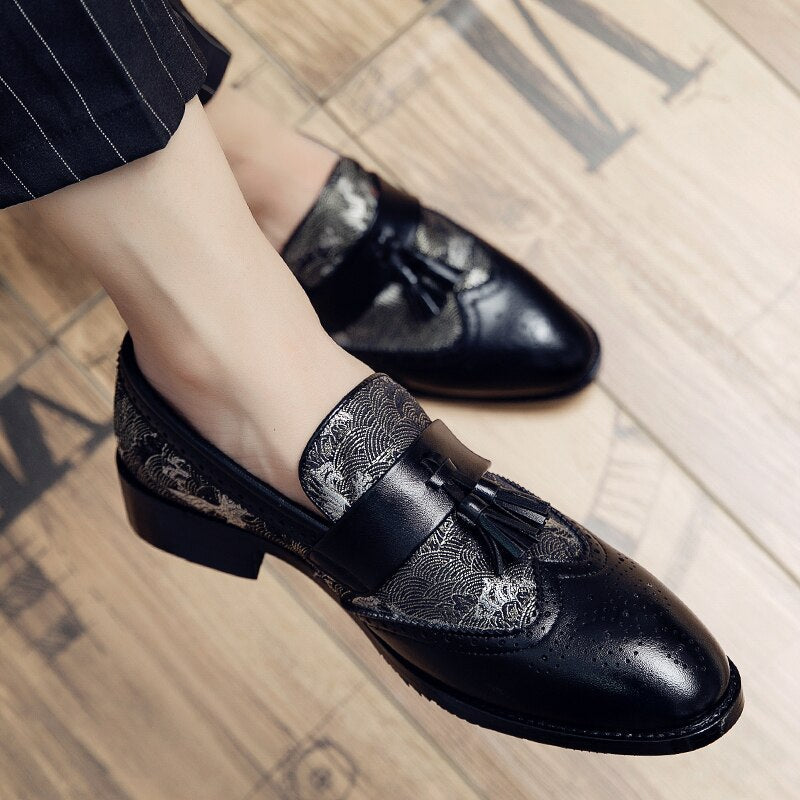 Two-color spliced brogue style tassel loafers(3 colors)
