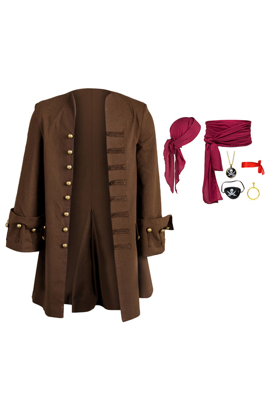 Pirates Captain Jack Sparrow Brown Coat With Headscarf Belt Full Set Outfits Halloween Carnival Suit Cosplay Costume